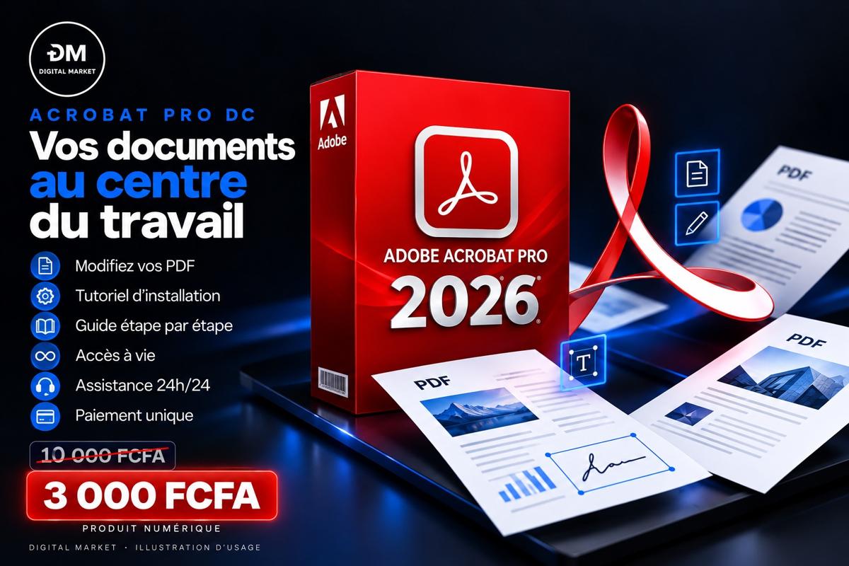 Visuel de présentation 1 : Adobe Acrobat Pro DC 2026 (Windows et Mac), avec l'offre et le prix