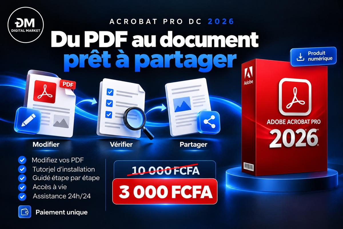 Visuel de présentation 2 : Adobe Acrobat Pro DC 2026 (Windows et Mac), avec l'offre et le prix