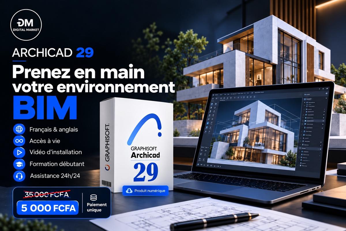 Visuel de présentation 1 : ArchiCAD 29 (français et anglais) + formation débutants, avec l'offre et le prix