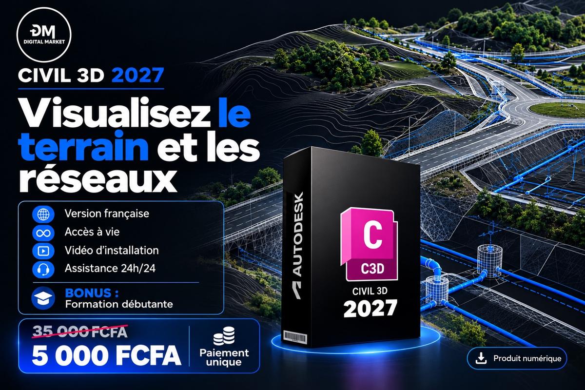Visuel de présentation 1 : Autodesk Civil 3D 2027 (version française), avec l'offre et le prix