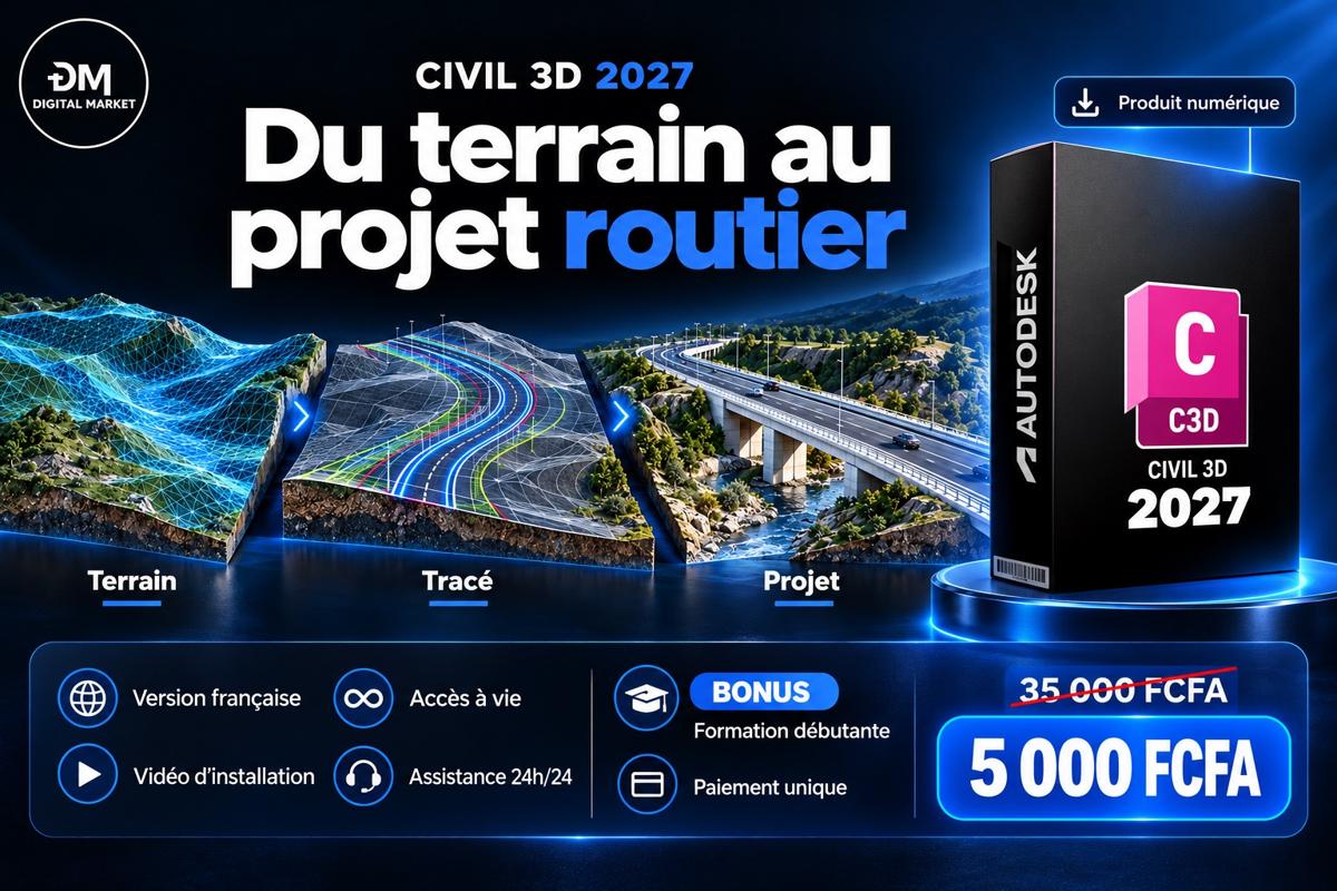 Visuel de présentation 2 : Autodesk Civil 3D 2027 (version française), avec l'offre et le prix