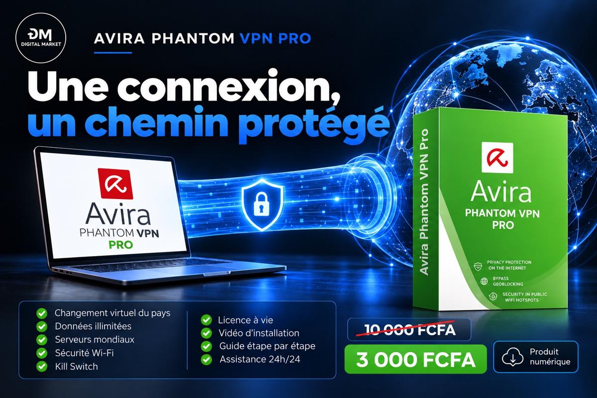 Visuel de présentation 1 : Avira Phantom VPN Pro pour ordinateur et téléphone (licence officielle), avec l'offre et le prix