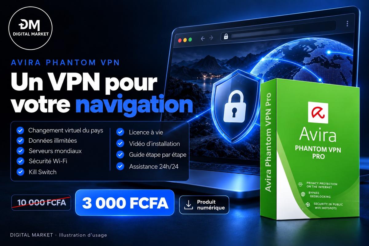 Visuel de présentation 2 : Avira Phantom VPN Pro pour ordinateur et téléphone (licence officielle), avec l'offre et le prix