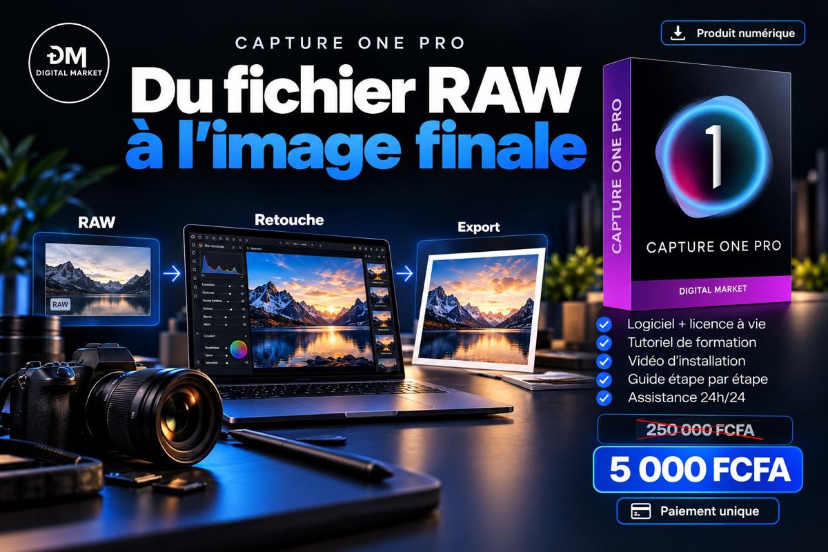 Visuel de présentation 2 : Capture One Pro pour Windows et Mac + tutoriels de prise en main, avec l'offre et le prix